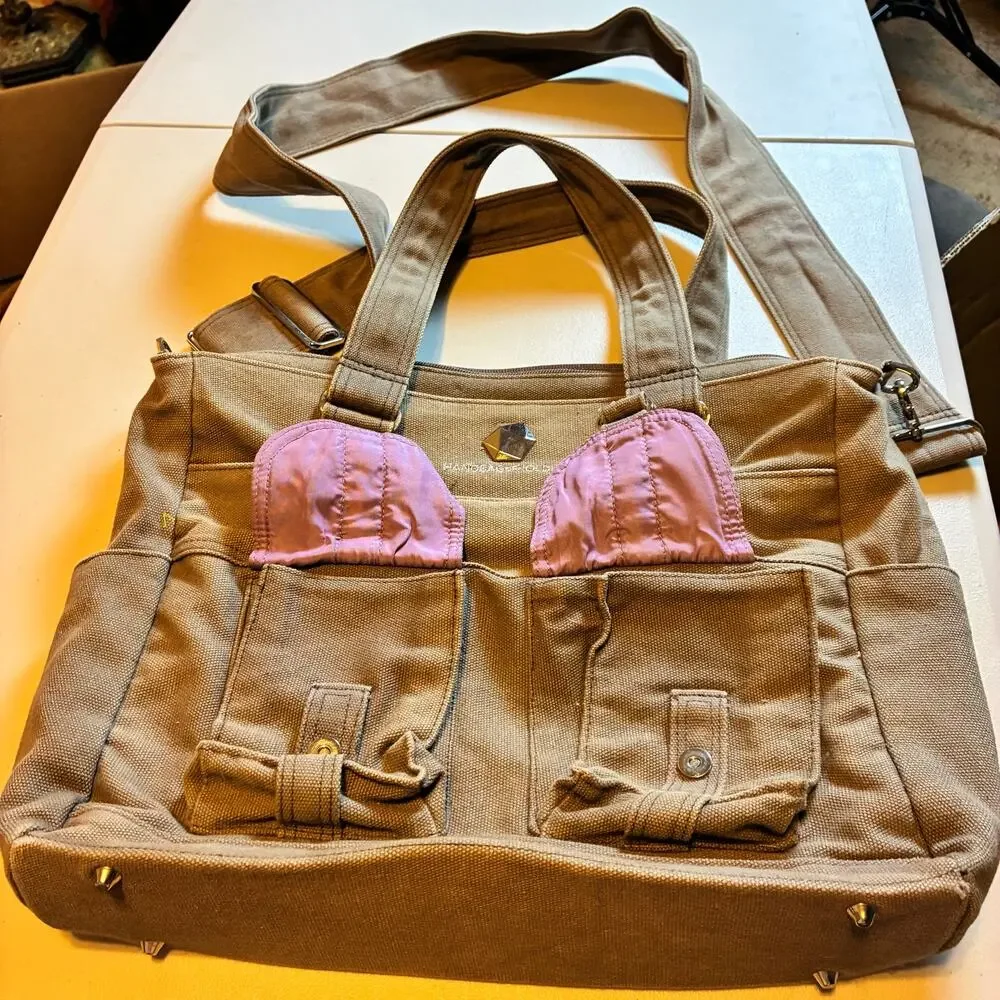 Rare ThinkGeek Handbag of Holding Canvas Messenger Laptop Tote Bag Brown Pink